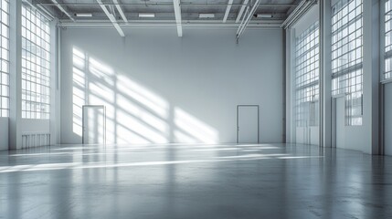 Empty white warehouse interior with doors and blank wall, Generative AI