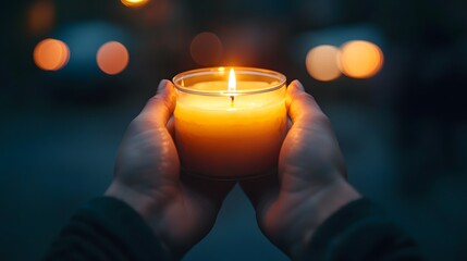 Person holding lit candle in dim surroundings.
