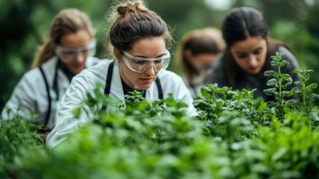 A group of four young scientists wearing lab coats and safety glasses are examining plants in a garden.