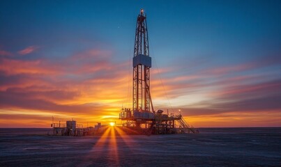 Oil drilling derrick, desert oilfield on sunrise. Crude oil production. Dramatic lighting. Petroleum production. Commodities price drop off. Generative AI