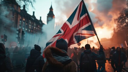 The end of british free speech Censorship, online social media, punishment, British flag and protestors taking to the streets. marching and unrest, Islamophobia, cultural differences