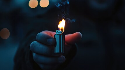 Man Holding a Windproof Brushed Chrome Lighter in the Dark. AI generated illustration