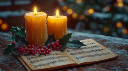 Lit candles and holly on sheet music in a festive Christmas setting, evoking a cozy holiday atmosphere with soft candlelight