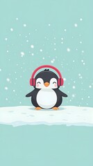 Penguin Relaxing on Ice with Headphones