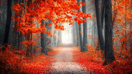 Fototapeta premium Scenic autumn forest pathway with vibrant red leaves.