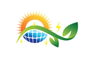 Solar Energy Logo with Sun, panels, Earth, and Leaves for Sustainable Living. solar logo, green energy concept, vector illustration