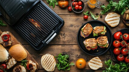 Modern Grill Maker with Sandwiches and Ingredients on Wooden Table. AI generated illustration
