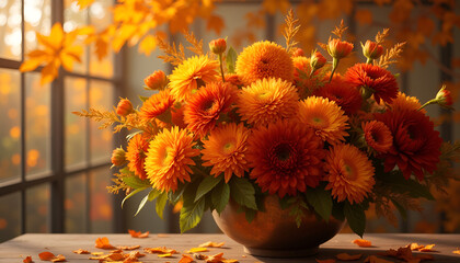 Vibrant autumn flower arrangement with orange gerberas in a bowl on a wooden table