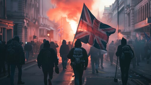 The end of british free speech Censorship, online social media, punishment, British flag and protestors taking to the streets. marching and unrest, Islamophobia, cultural differences