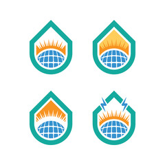 Solar Energy Logo Set Featuring Sun, Globe, and Lightning Bolt Elements in Modern Vector Design for Renewable Energy Solutions, Green Technology, and Sustainable Power Branding, Illustration Graphics