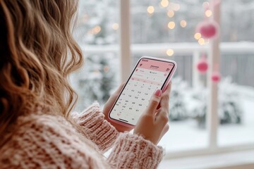 Over shoulder closeup of young woman holding smartphone with calendar app on screen and silicon menstrual cup, Generative AI