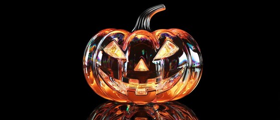 3D glass pumpkins with glowing multicolored reflections and carved Jack-o'-lantern faces, set against dark and vibrant backgrounds, creating a surreal Halloween atmosphere