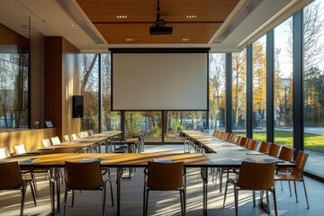 Modern meeting room interior with projection screen, panoramic window, Generative AI