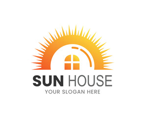 Sun House Logo: Ideal for Real Estate, Solar Energy Solutions, and Home Construction Services, Representing Eco-Friendly Living, Sustainable Homes, and Renewable Energy for Modern Residential Projects