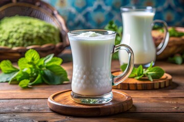A refreshing glass of traditional Turkish Ayran served in a clear mug, placed on a rustic wooden table with mint leaves in the background. Perfect for healthy drinks or cultural cuisine themes.