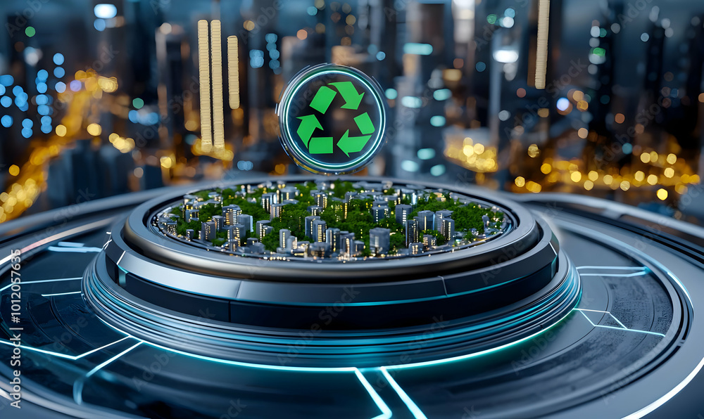 Poster dynamic 3d rendering of a rotating recycle symbol, showcasing vibrant colors and intricate details i