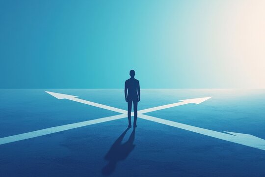 Person standing at a crossroads with multiple paths, symbolizing decision-making and future choices