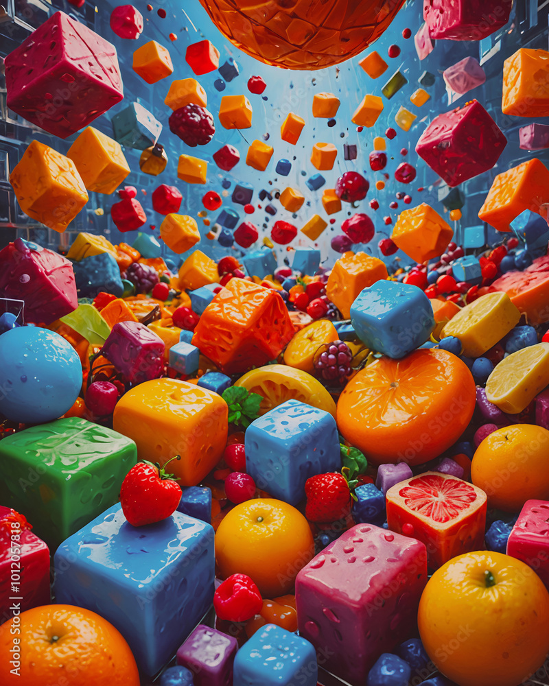 Poster colorful cubes with fruits floating in the air. 3d rendering