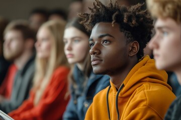 Diverse group of students taking notes in row during lecture in college or university, copy space, Generative AI