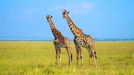 Two giraffes standing gracefully in a lush green savanna.