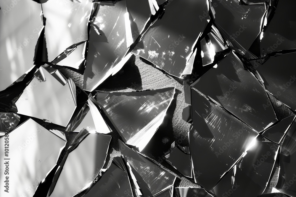 Poster shattered mirror fragments reflect light creating an intricate pattern on a dark surface during dayl