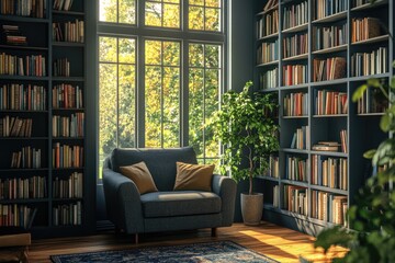 Modern Minimalist Living Room Interior with Grey Sofa, Armchair, and Panoramic Window