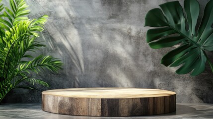 Minimalistic Wooden Product Display on Concrete Wall with Nature Elements
