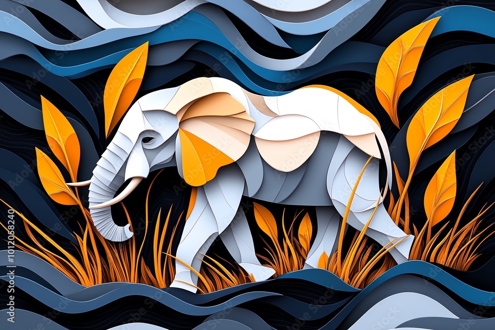 Poster Geometric design of an elephant walking through tall grass, using abstract shapes and soft colors to capture the majesty of this gentle giant