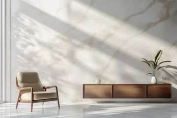 Modern Living Room with Blue Armchair and TV Cabinet on Elegant Marble Wall Background