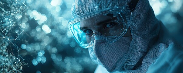 A scientist in advanced protective gear examines digital data through augmented reality technology in a futuristic laboratory setting
