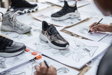 A designer sketches innovative footwear concepts at a creative workspace with various sneaker prototypes and design materials around