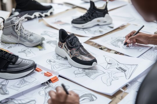 A designer sketches innovative footwear concepts at a creative workspace with various sneaker prototypes and design materials around