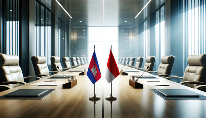 A modern conference room with Cambodia and Indonesia flags on a long table, symbolizing a bilateral meeting or diplomatic discussions between the two nations.