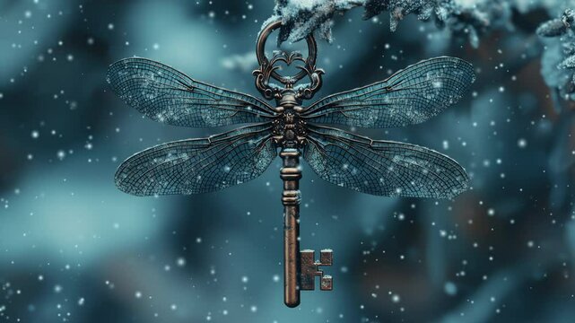 A magic key with wings in a snowfall