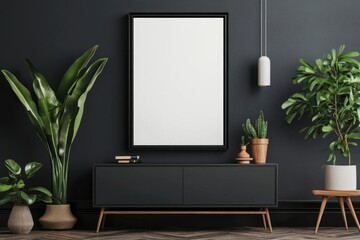 Minimalist Living Room Interior Design with Dark Frame on Black Wall