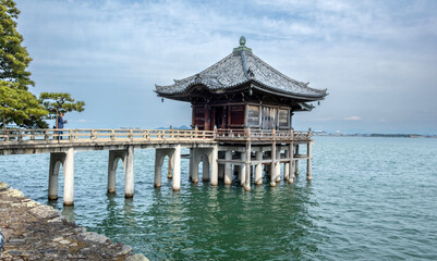 Ukimido temple hall floating on Lake Biwa, belonging to Mangetsu-ji Buddhist temple in Otsu city, Japan