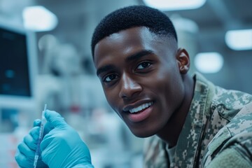 Young Black military officer sitting with mouth wide open doing PCR swab test for coronavirus in modern hospital, Generative AI