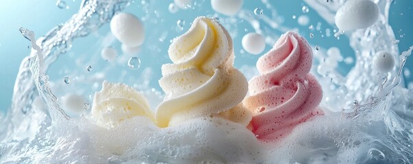 Creative advertisement for washing powder with colorful swirls amidst bubbles and water splashes