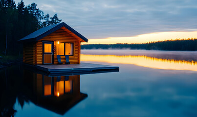 Obraz premium Tranquil Lakeside Cabin at Sunrise, a serene retreat by the water, soft morning light reflecting on still waters, surrounded by gentle nature.