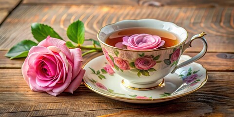 Fototapeta premium Delicate pink rose tea cup with floral design resting on a wooden table, perfect for tea lovers