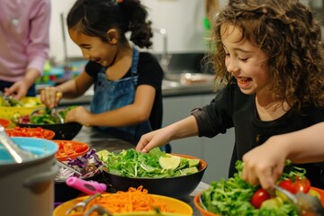 Children preparing colorful vegetable salads in a classroom kitchen during a healthy eating workshop on a sunny afternoon