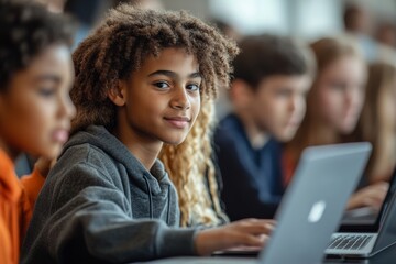 Diverse group of teen children using laptops in school classroom and studying together, Generative AI