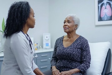 Obraz premium Side view of senior Black woman sitting on therapy bed in medical office breathing out while female health practitioner listening to lung sounds, Generative AI