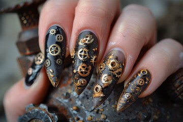 Intricate steampunk-themed nail art featuring metallic gears and a dramatic black finish, showcasing creativity and detail at a nail salon