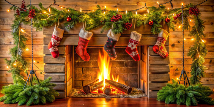 A cozy fireplace with stockings hanging, decorated with garland and pine branches, radiating warmth.