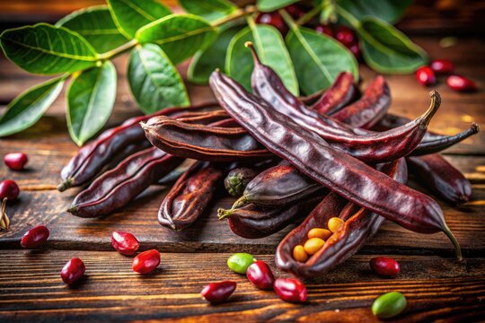 Delicious algarrobas pods on a wooden table surrounded by natural elements in a rustic setting