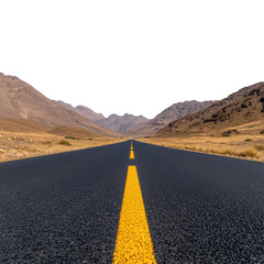 Long empty road with yellow center line stretching into the mountains on transparent background