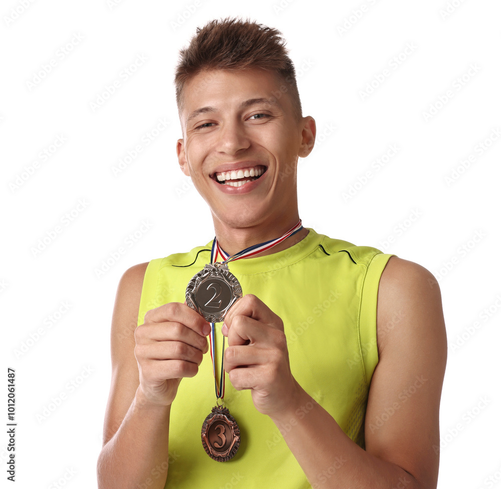 Poster Happy winner with different medals on white background