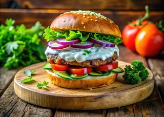Delicious Burger Topped with Fresh Tzatziki Sauce and Garnished with Vegetables on a Wooden Board