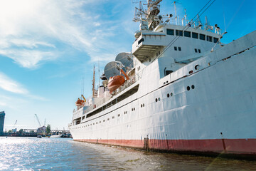 Ships on the pier in the port at sea in Kaliningrad. Kaliningrad, Russia - 18 June 2024